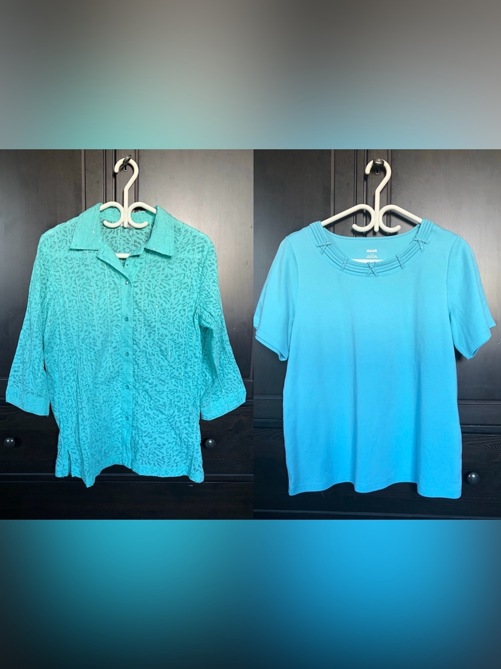 Alia Sheer Blouse Coverup and T-Shirt Coordinating Set, Teal Blue, Large